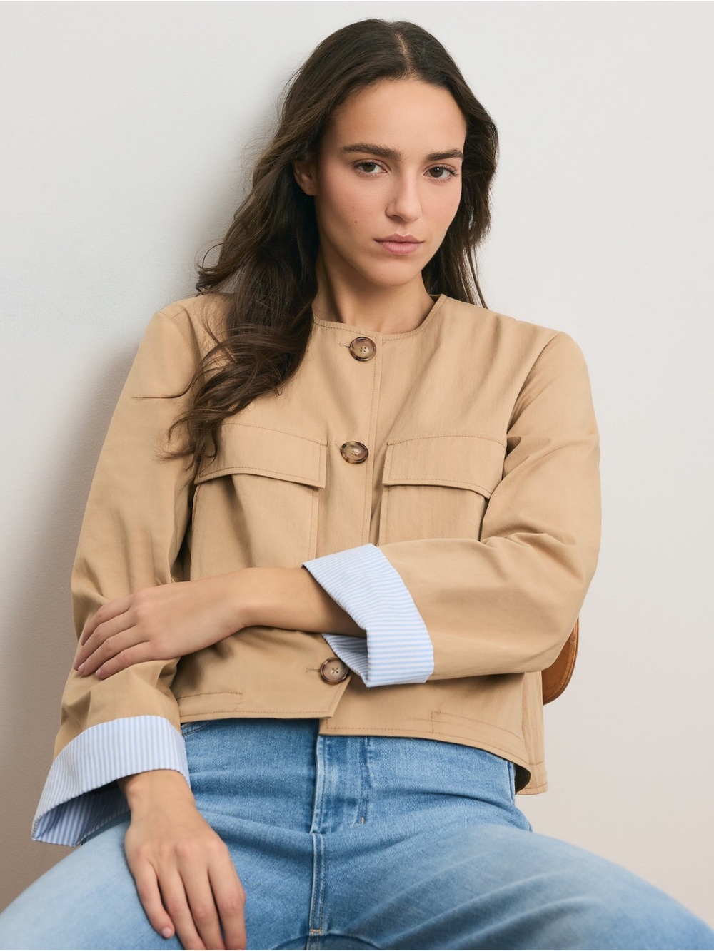 Veronica Beard Gala Cropped Utility Jacket | Khaki Stretch-Cotton Collarless Jac